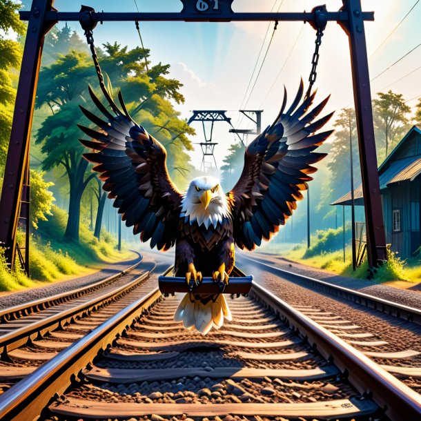 Foto de un balanceo en un columpio de un águila en las vías del ferrocarril