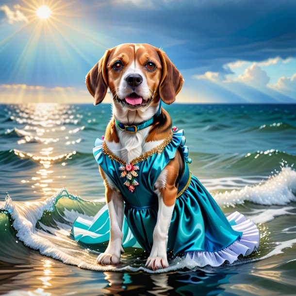 Image of a beagle in a dress in the sea