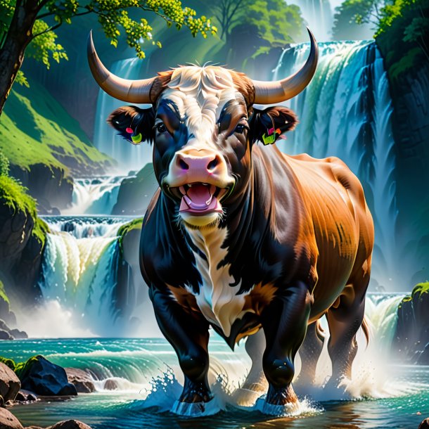 Photo of a smiling of a bull in the waterfall