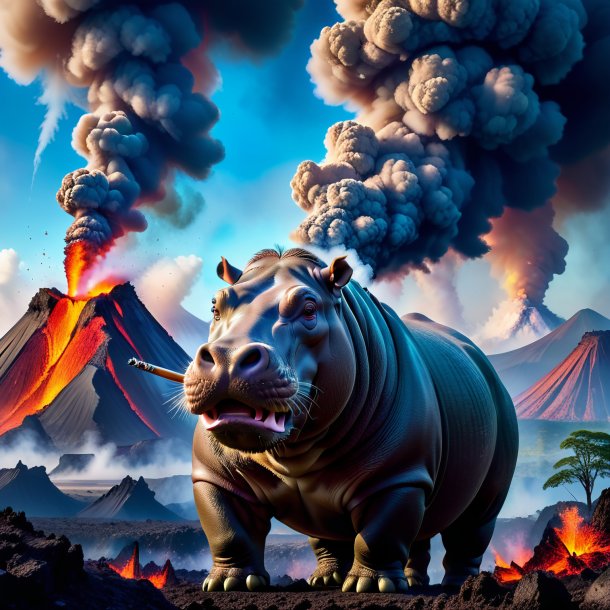 Photo of a smoking of a hippopotamus in the volcano