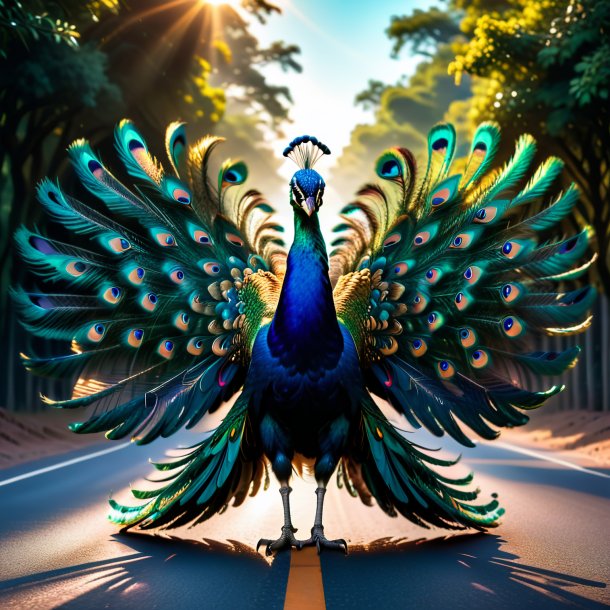 Image of a threatening of a peacock on the road