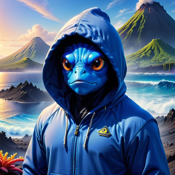 Foto de un tang azul en una sudadera con capucha en el volcán