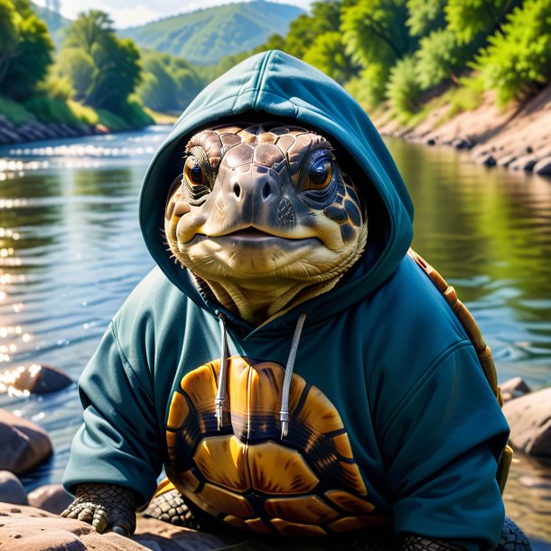 Foto de una tortuga en una sudadera con capucha en el río