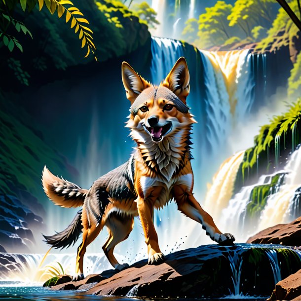 Photo of a dancing of a jackal in the waterfall