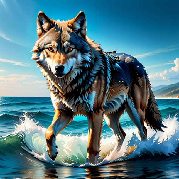 Picture of a wolf in a jeans in the sea