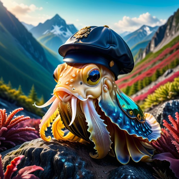 Image of a cuttlefish in a cap in the mountains