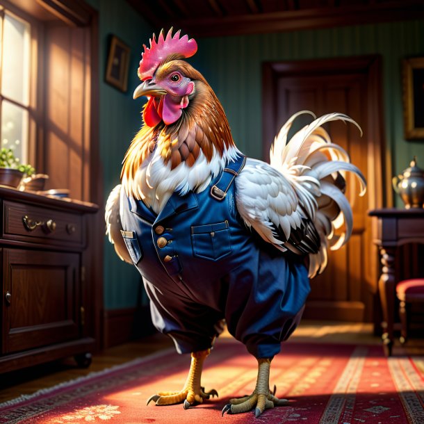 Image of a hen in a trousers in the house