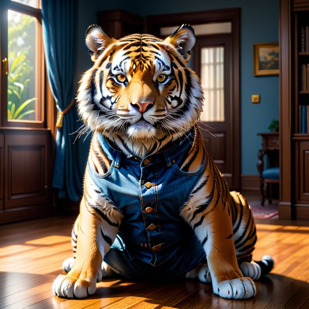 Foto de un tigre en un jeans en la casa