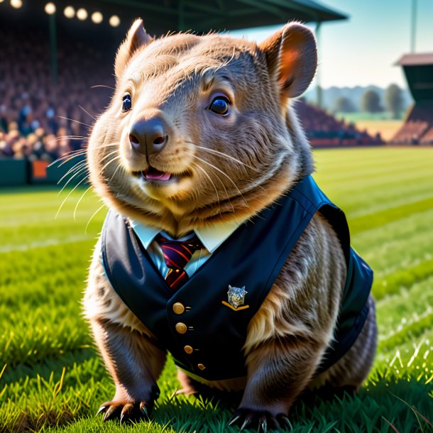 Imagem de um wombat em um colete no campo