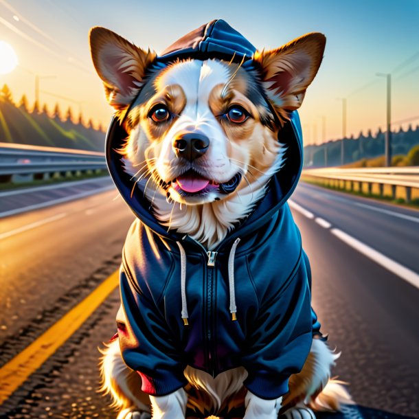 Foto de un perro en una sudadera con capucha en la carretera