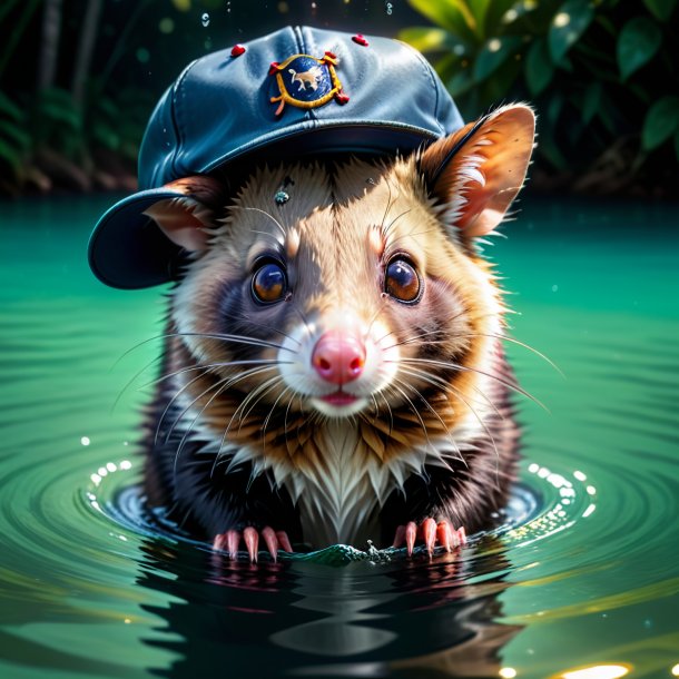 Image of a possum in a cap in the water