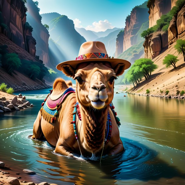 Drawing of a camel in a hat in the river