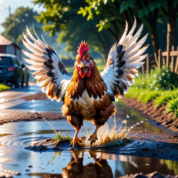 Image of a jumping of a hen in the puddle