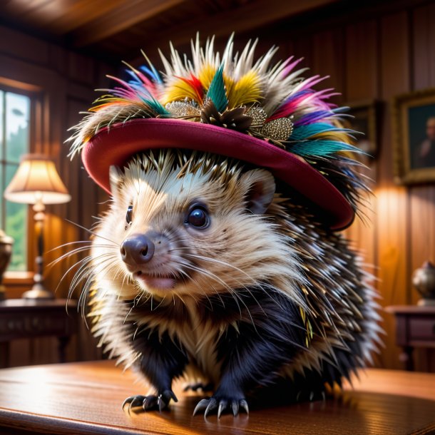 Foto de un puercoespín en un sombrero en la casa