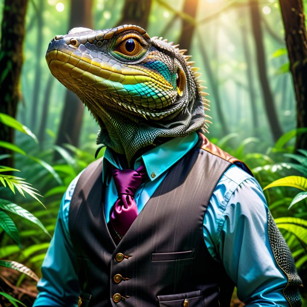 Image of a monitor lizard in a vest in the forest