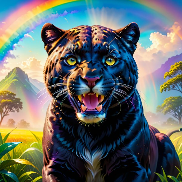 Image of a smiling of a panther on the rainbow