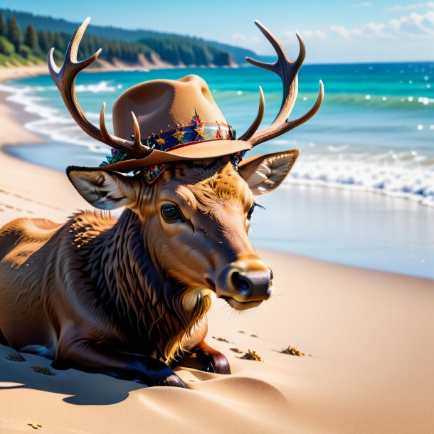 Imagen de un alce en un sombrero en la playa