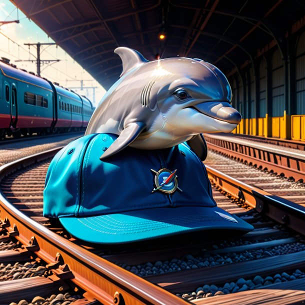 Drawing of a dolphin in a cap on the railway tracks