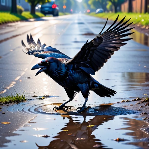 Pic of a threatening of a crow in the puddle