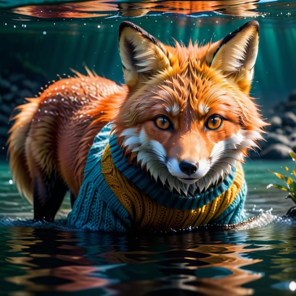 Photo of a fox in a sweater in the water