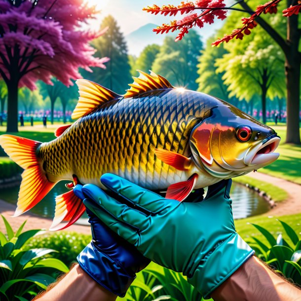 Photo of a carp in a gloves in the park