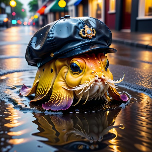 Photo of a cuttlefish in a cap in the puddle