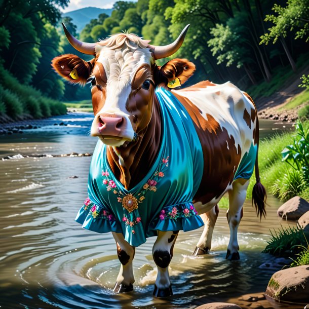 Foto de uma vaca em um vestido no rio