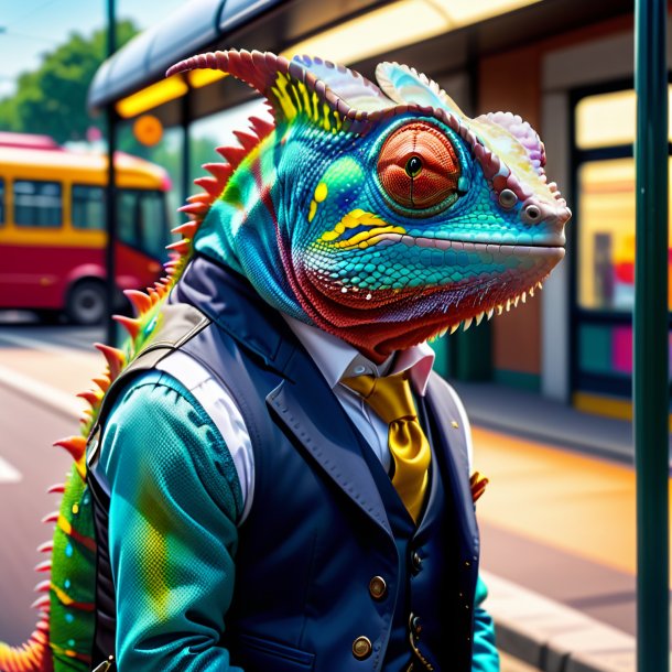 Pic of a chameleon in a vest on the bus stop