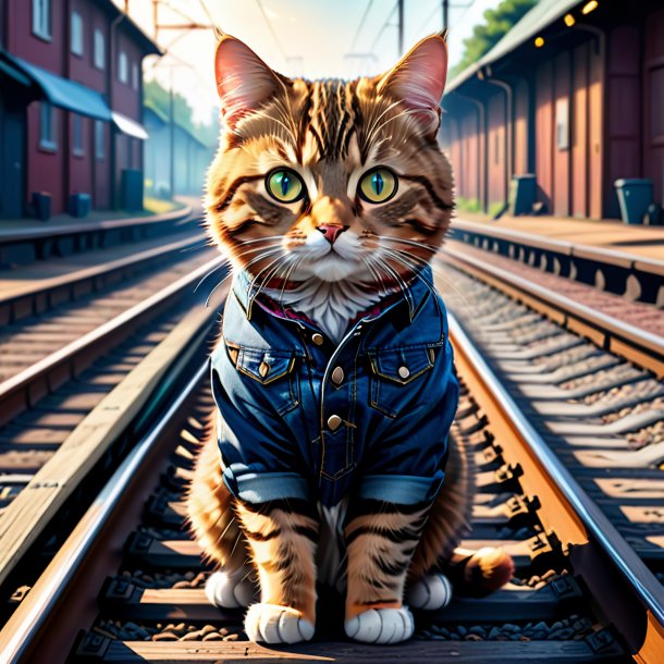 Ilustração de um gato em um jeans nos trilhos ferroviários