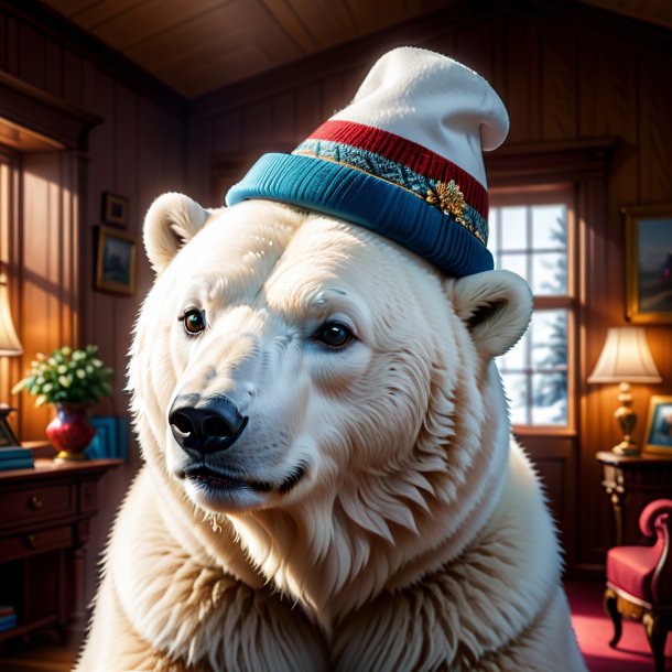 Illustration of a polar bear in a hat in the house