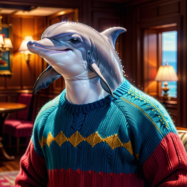 Image of a dolphin in a sweater in the house