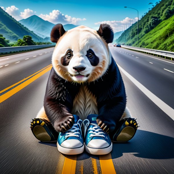 Image of a giant panda in a shoes on the highway