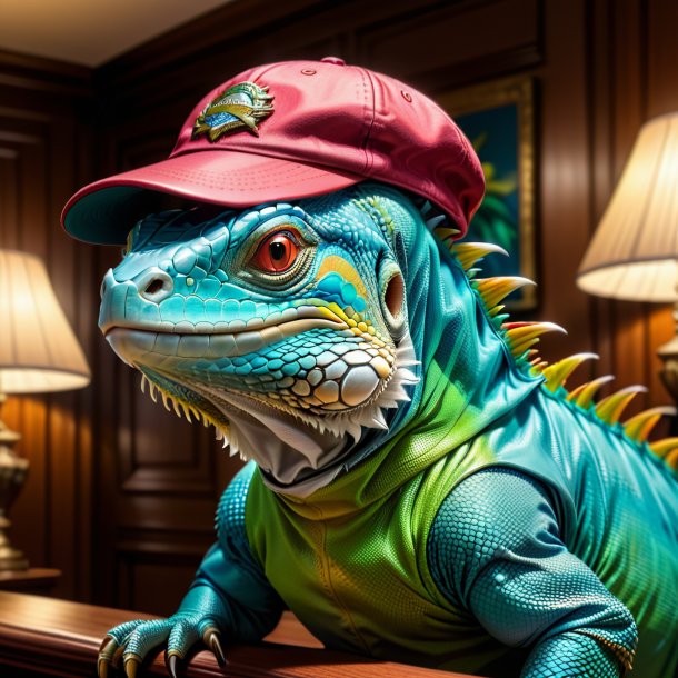 Dessin d'une iguane dans une casquette dans la maison