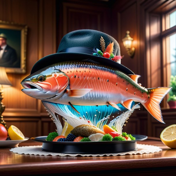 Photo of a salmon in a hat in the house