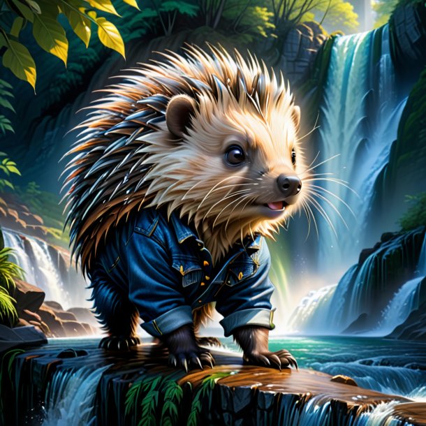 Drawing of a porcupine in a jeans in the waterfall