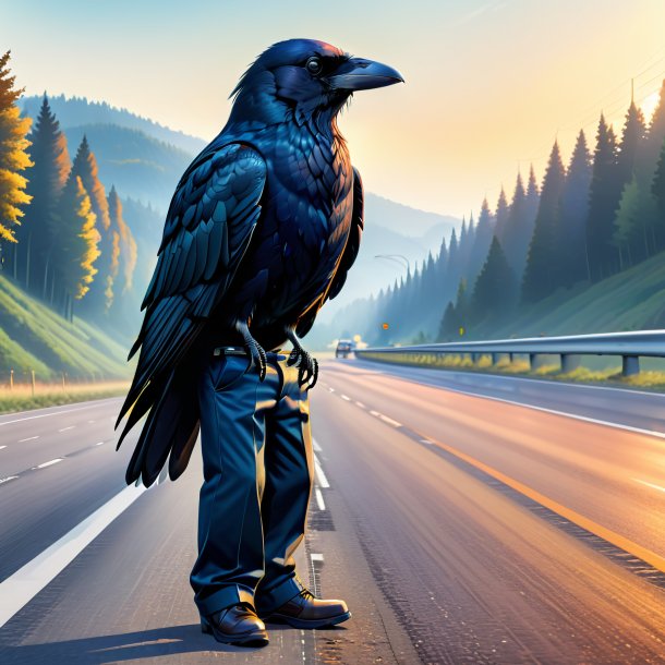 Drawing of a crow in a trousers on the highway