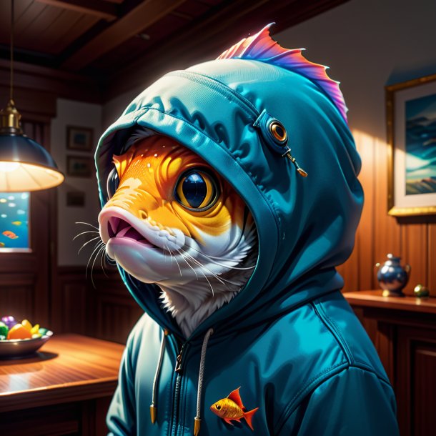 Illustration of a fish in a hoodie in the house