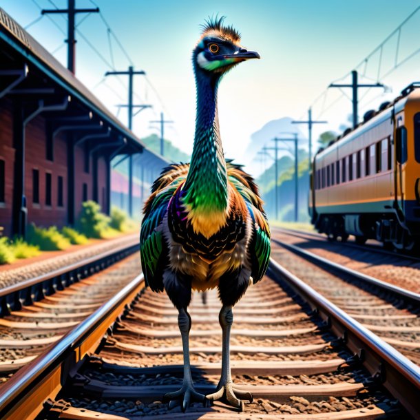 Ilustração de uma emu em um colete nos trilhos ferroviários