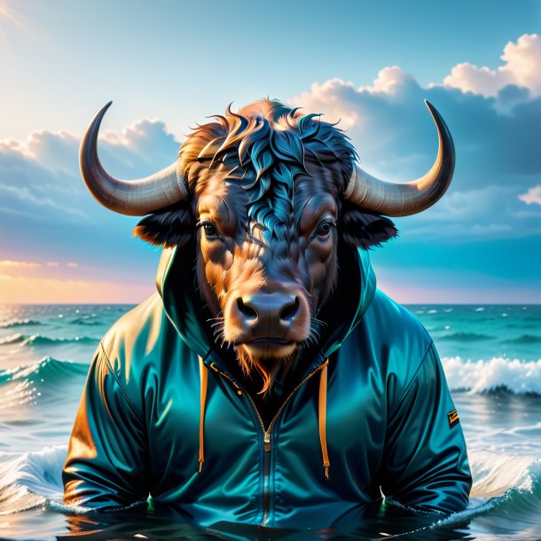 Photo of a buffalo in a hoodie in the sea