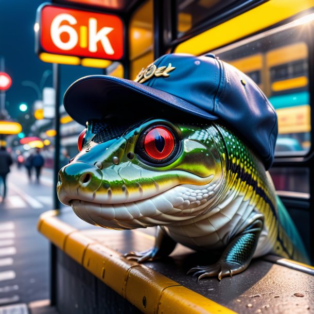 Photo of a eel in a cap on the bus stop