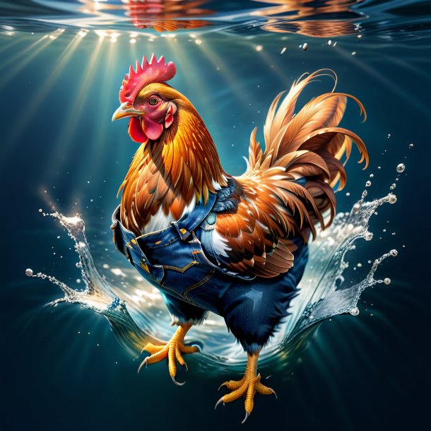 Illustration of a hen in a jeans in the water