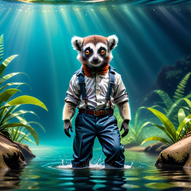 Photo of a lemur in a trousers in the water