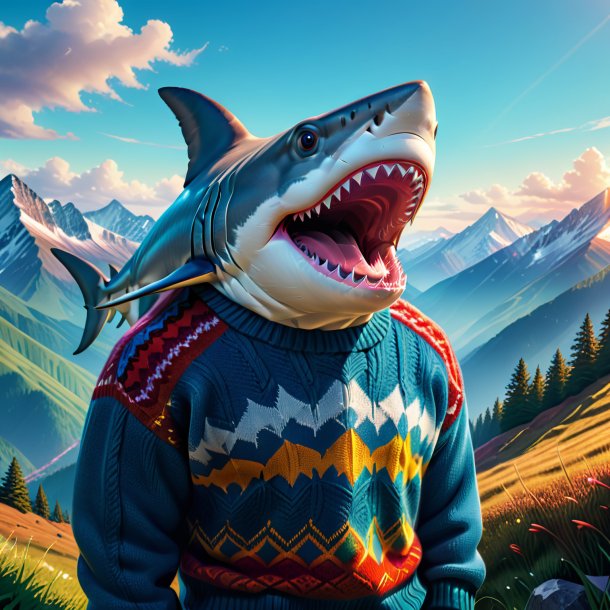 Illustration of a shark in a sweater in the mountains