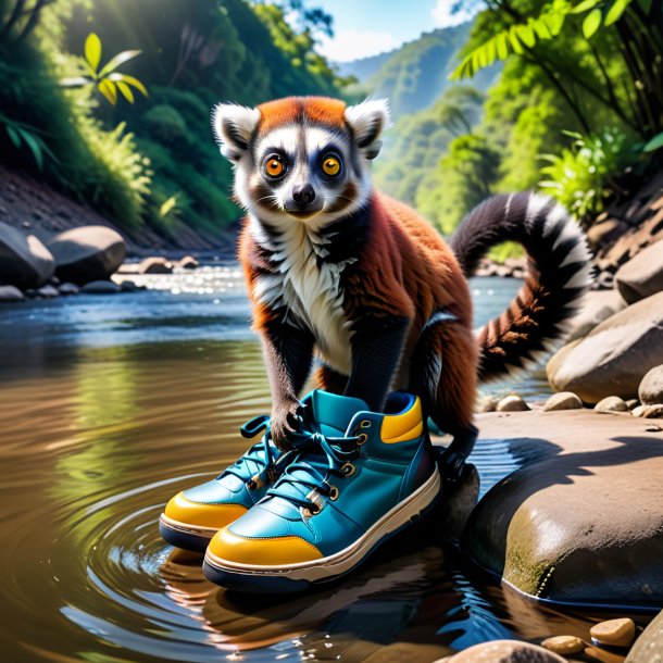 Photo of a lemur in a shoes in the river