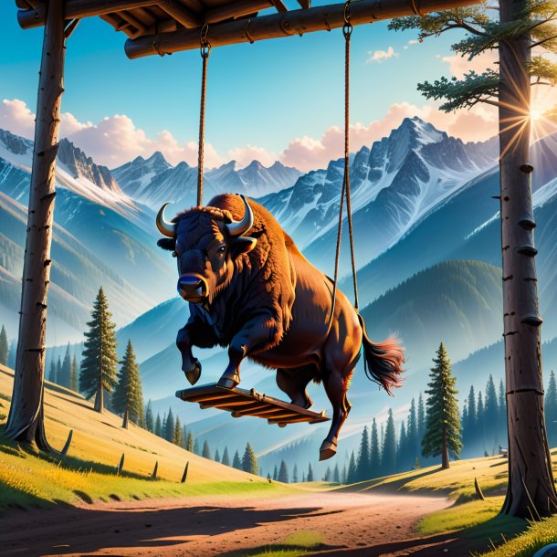 Photo of a swinging on a swing of a bison in the mountains