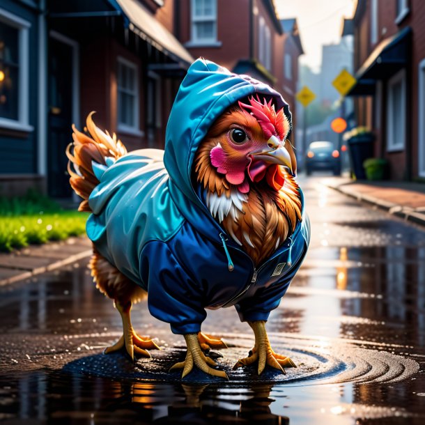 Imagen de una gallina en una sudadera con capucha en el charco