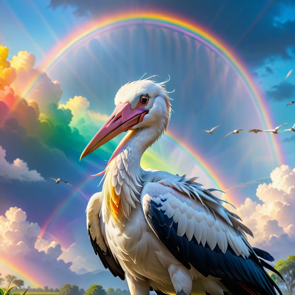 Pic d'un sourire d'une cigogne sur l'arc-en-ciel