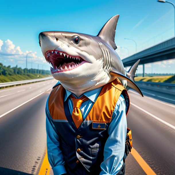 Picture of a shark in a vest on the highway