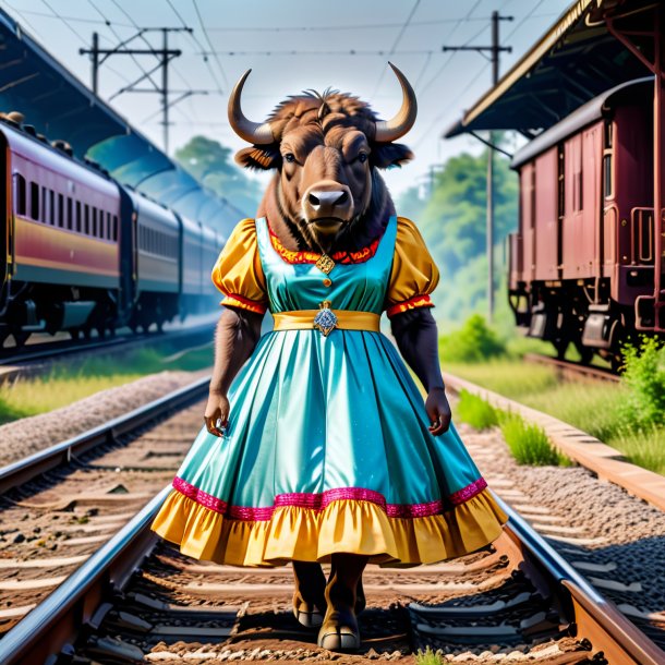 Pic of a buffalo in a dress on the railway tracks