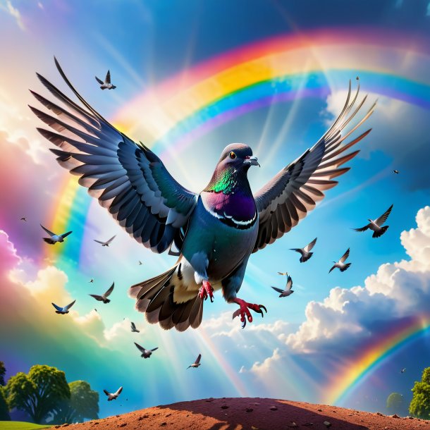 Photo of a jumping of a pigeon on the rainbow